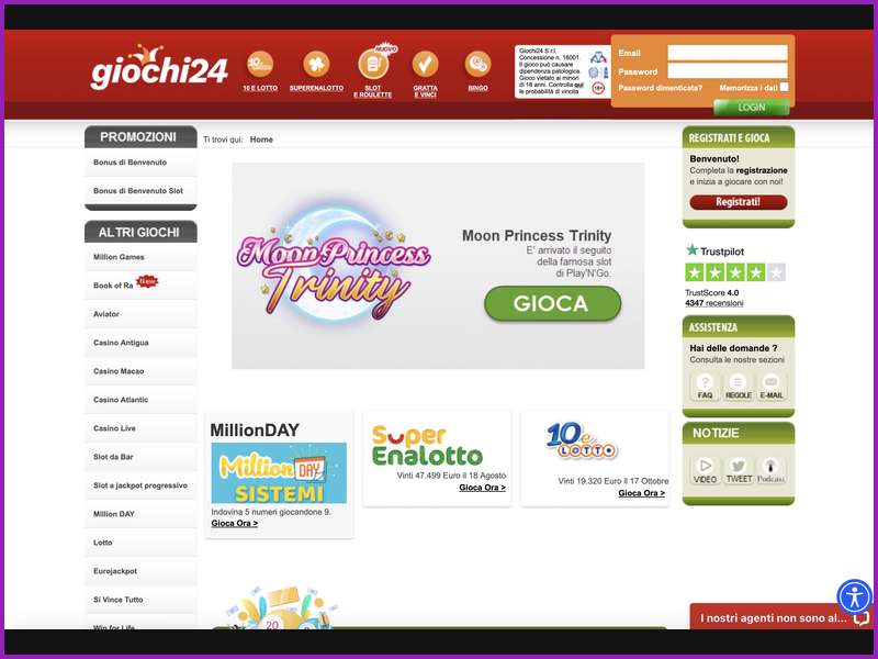 Estructura y funciones del sitio web Giochi24