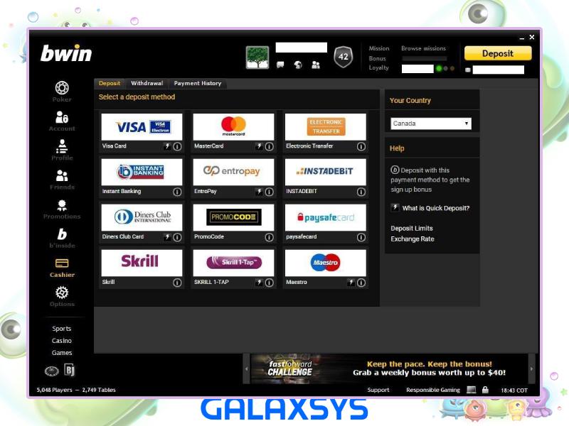 Comment faire un dépôt pour Cosmo Saga Galaxsys chez Bwin